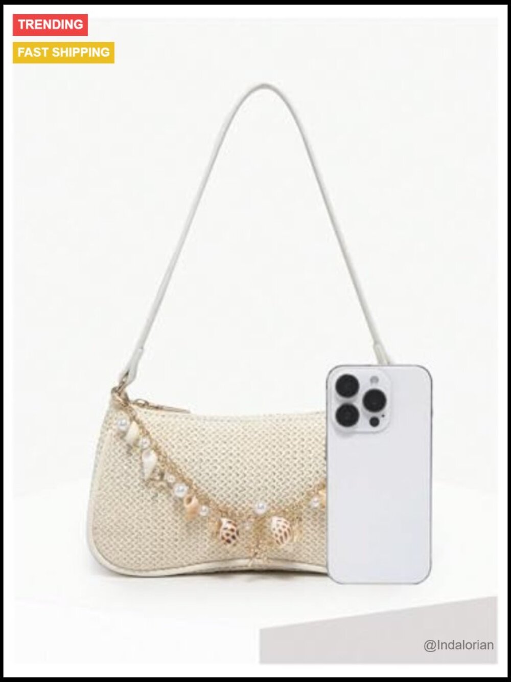 Boho Seashell Starfish Straw Shoulder Handbag with Chain Strap Top Handle - Picture 3 of 6
